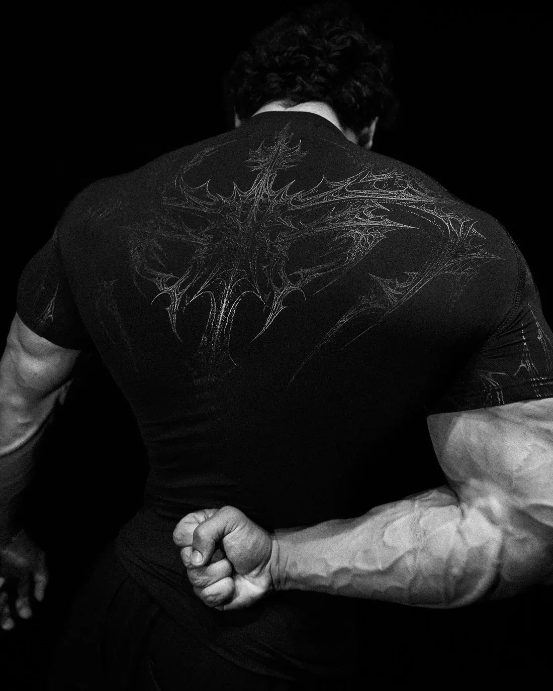 GYM T-shirt Men's Dark Gothic Print Muscle Tee High Elasticity And Quick Drying Exercise For Bodybuilding Training 2025 Summer